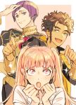  1girl 2boys blush bowl_cut braid brown_hair claude_von_riegan clenched_hands dark_skin epaulettes fire_emblem fire_emblem:_three_houses flower garreg_mach_monastery_uniform green_eyes hand_on_own_head hand_to_own_mouth hilda_valentine_goneril long_hair long_sleeves looking_at_another looking_at_viewer looking_up lorenz_hellman_gloucester multiple_boys open_mouth pink_background pink_eyes pink_hair purple_eyes purple_hair rose short_hair side_braid simple_background smirk sparkle twintails two-tone_background ugonba_(howatoro) wavy_hair white_background 