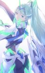  1girl ass bangs breasts earrings fujie-yz green_eyes green_hair hair_ornament headpiece high_ponytail highres jewelry long_hair looking_back muted_color pneuma_(xenoblade_2) ponytail simple_background smile solo swept_bangs tiara very_long_hair white_background xenoblade_(series) xenoblade_2 