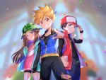  1girl 2boys absurdres blue_(pokemon) blurry blurry_background brown_hair hat highres jacket long_hair looking_at_viewer multiple_boys ookido_shigeru pointing pointing_at_viewer pokemon pokemon_(game) pokemon_masters red_(pokemon) short_shorts shorts smile spiked_hair wristband yuki56 