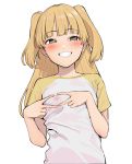  1girl areolae bangs blonde_hair blunt_bangs blush breasts buta_tsuzumi eyebrows_visible_through_hair green_eyes grin hands_on_own_breasts idolmaster idolmaster_cinderella_girls jougasaki_rika long_hair looking_at_viewer nipples no_bra raglan_sleeves see-through self_exposure shirt simple_background small_breasts smile solo t-shirt two_side_up white_background 