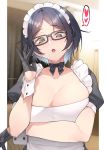  1girl adjusting_eyewear alternate_costume apron bespectacled black_gloves blue_hair bow bowtie breasts cleavage cleavage_cutout collar eyebrows_visible_through_hair frills glasses gloves half_gloves hayami_kanade highres idolmaster idolmaster_cinderella_girls indoors jjune large_breasts looking_at_viewer maid maid_headdress open_mouth short_hair solo wrist_cuffs yellow_eyes 