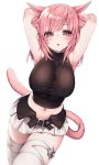  animal_ears armpits arms_up belt blush breasts cat_ears cat_tail cleavage double_bun final_fantasy final_fantasy_xiv highres himegi_you large_breasts microskirt midriff miqo&#039;te pink_hair pleated_skirt red_eyes skirt tail thighhighs tight_top 