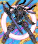  bullet copyright_request floating glowing gunblade highres holding holding_bullet holding_sword holding_weapon mecha pose sword weapon yasuda_akira 