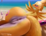  2020 absurd_res anthro anus beach big_butt blue_eyes blush butt butt_focus canid canine digimon digimon_(species) female fur genitals hi_res mammal nude pussy renamon sand seaside solo text url v-tal water wide_hips 
