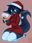  animal_humanoid beverage breasts christmas clothing cup dark_skin dragon dragon_humanoid female hat headgear headwear hi_res holidays humanoid kneeling legwear looking_at_viewer nyxon santa_hat scalie small_breasts smile smolder solo thick_thighs thigh_highs turtleneck_sweater wide_hips 