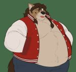  anthro belly braided_hair brown_body brown_fur canid canine canis clothed clothing coyote fur hair hands_in_pockets hi_res jacket male mammal musclegut muscular muscular_male obese obese_male one_eye_closed open_jacket overweight overweight_male pockets racesolar solo tongue tongue_out topwear wink 
