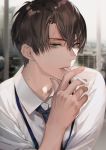  1boy bangs brown_hair cigarette collared_shirt hair_between_eyes ishizuekachiru lanyard male_focus mole mole_on_neck necktie original shirt solo white_shirt 