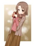  1girl bangs brown_background brown_eyes brown_hair brown_scarf brown_skirt can casual closed_mouth coffee commentary dutch_angle fringe_trim girls_und_panzer grey_jacket holding holding_can jacket long_skirt long_sleeves looking_at_viewer parted_bangs plaid plaid_scarf rebirth42000 red_sweater sawa_azusa scarf short_hair simple_background skirt smile solo standing sweater 