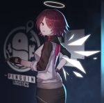  1girl arknights blurry commentary_request depth_of_field energy_wings exusiai_(arknights) eyes_visible_through_hair fingerless_gloves gloves hair_over_one_eye hand_on_hip highres id_card jacket lariat_scr looking_back red_eyes red_hair short_hair skirt solo 