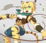  anthro blonde_hair bottomwear clothed clothing felid female hair hi_res kemono mammal mia_(world_flipper) open_mouth pantherine raizinndx shorts solo stripes tiger whip world_flipper 