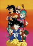  1girl 5boys :d aqua_hair artist_request bald bare_legs beard black_eyes black_hair blue_eyes braid brown_gloves bulma clenched_hand closed_mouth collarbone crossed_arms dougi dragon_ball dragon_ball_(classic) dress eyebrows_visible_through_hair eyelashes facial_hair fingernails flying_nimbus full_body gloves gradient gradient_background hair_ribbon hand_on_hip hands_on_hips happy hat head_tilt highres holding holding_staff holding_weapon key_visual legs_apart looking_at_viewer looking_away military military_hat military_uniform multicolored multicolored_background multiple_boys muscle mustache muten_roushi neckerchief nyoibo official_art oolong open_mouth orange_background orange_neckwear orange_pants pink_background pink_dress puar purple_neckwear purple_scarf red-framed_eyewear red_background red_ribbon ribbon scarf short_dress simple_background single_braid smile son_gokuu spiked_hair staff standing sunglasses teeth thick_eyebrows tongue uniform weapon wristband yamcha 