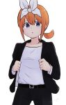  1girl :&lt; bangs belt belt_buckle black_belt black_jacket black_pants blue_eyes blush buckle collarbone eyebrows_behind_hair go-toubun_no_hanayome hair_between_eyes hair_ribbon highres jacket kujou_karasuma long_sleeves nakano_yotsuba open_clothes open_jacket orange_hair pants parted_lips ribbon shirt sidelocks signature simple_background solo triangle_mouth white_background white_ribbon white_shirt 