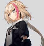  1girl bangs blonde_hair blue_eyes closed_mouth earrings eyebrows_visible_through_hair grey_background grey_eyes hair_between_eyes hood hood_down hoodie jacket jewelry long_hair looking_afar looking_to_the_side low_ponytail multicolored_hair nagishiro_mito noa_(project_a.i.d) open_clothes open_jacket pink_hair ponytail profile project_a.i.d short_hair solo streaked_hair upper_body whistle whistle_around_neck white_hoodie 