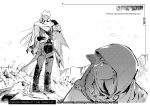  2boys archer bare_shoulders cloak corruption cu_chulainn_(fate)_(all) earrings fate/grand_order fate/stay_night fate_(series) fingerless_gloves gloves greyscale guttia halftone hood hood_up jewelry lancer lizard male_focus monochrome multiple_boys ruins 