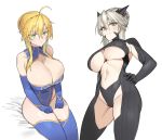  2girls ahoge artoria_pendragon_(all) artoria_pendragon_(lancer) artoria_pendragon_(lancer_alter) blonde_hair blue_gloves blue_legwear bodysuit breasts cleavage covered_navel elbow_gloves eyebrows_visible_through_hair eyelashes fate/grand_order fate_(series) gloves green_eyes groin hair_between_eyes hand_on_hip highres horns large_breasts leotard long_hair looking_at_viewer multiple_girls navel silver_hair sitting thighhighs uleuleuleu underboob yellow_eyes 