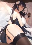  1girl ass azuma_(azur_lane) azuma_(soft_voice_of_spring)_(azur_lane) azur_lane bangs bare_shoulders black_gloves black_hair black_legwear black_panties blush breasts chichikoucha china_dress chinese_clothes dress eyebrows_visible_through_hair flower garter_straps gloves hair_between_eyes hair_flower hair_ornament hairclip highres large_breasts long_hair looking_at_viewer lying on_side open_mouth panties shoulder_tattoo solo tattoo thighhighs thighs underwear very_long_hair white_flower yellow_eyes 
