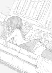  1girl absurdres ass breasts dutch_angle greyscale highres indoors lying medium_breasts meme_attire monochrome on_stomach original panties panty_pull pulled_by_another short_hair sideboob solo_focus studying sweat takakura thighhighs underwear virgin_killer_sweater 