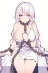  1girl avrora_(azur_lane) avrora_(shackled_saule)_(azur_lane) azur_lane bangs bare_shoulders blue_eyes breasts chain closed_mouth collarbone commentary_request cuffs dress dungeon highres holding_chain large_breasts long_hair looking_at_viewer navel shackles silver_hair sitting siu_(siu0207) smile thighs torn_clothes torn_dress very_long_hair white_dress 