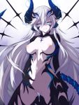  1girl ass_visible_through_thighs blue_eyes breasts cowboy_shot crotchless cum cumdrip demon_girl elsword eyebrows_visible_through_hair grin hair_between_eyes half-closed_eyes horns iblis_(elsword) large_breasts long_hair looking_at_viewer luciela_r._sourcream multiple_horns navel nipples parted_lips pointy_ears revealing_clothes smile solo tail waero white_hair 