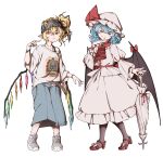  2girls absurdres alternate_costume baggy_clothes baggy_shorts bandana bat_wings belt black_legwear blonde_hair blue_hair bow brooch casual commentary_request contemporary flandre_scarlet gangster hat hat_bow highres jewelry mefomefo mob_cap multiple_girls pink_skirt pointing puffy_sleeves red_eyes red_footwear remilia_scarlet shirt shoe_bow shoes shorts side_ponytail skirt slit_pupils smile sneakers t-shirt touhou umbrella white_background white_footwear white_legwear wings 