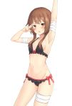  1girl absurdres alternate_costume armpits bandaged_leg bandages bangs bikini black_bikini blush breasts brown_hair collarbone commentary_request eyebrows_visible_through_hair highres hosh kono_subarashii_sekai_ni_shukufuku_wo! looking_at_viewer megumin navel red_bikini red_eyes short_hair_with_long_locks simple_background small_breasts solo swimsuit two-tone_bikini white_background 