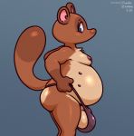  2020 animal_crossing anthro areola balls big_balls blue_eyes brown_body brown_fur bulge butt canid canine clothed clothing frumples fur genitals grey_background looking_back male mammal moobs mostly_nude multicolored_body multicolored_fur nintendo nipples overweight procyonid raccoon raccoon_dog simple_background speedo standing swimwear tan_body tan_fur tom_nook_(animal_crossing) topless video_games 