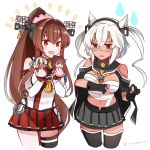  2girls asymmetrical_legwear bangs bare_shoulders black_gloves blush breasts brown_hair budget_sarashi cropped_legs dark_skin elbow_gloves glasses gloves grey_skirt hair_ornament headgear highres hip_vent holding kantai_collection large_breasts long_hair multiple_girls musashi_(kantai_collection) open_mouth partly_fingerless_gloves ponytail red_eyes red_skirt sarashi simple_background skirt thighhighs twitter_username white_hair yamato_(kantai_collection) yunamaro 