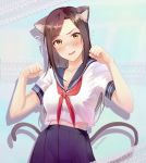  1girl animal_ears bangs black_hair blue_background blue_sailor_collar blue_skirt blush breasts cat_ears cat_tail cleavage collarbone fang flying_sweatdrops green_eyes hands_up idolmaster idolmaster_cinderella_girls large_breasts long_hair looking_at_viewer mukai_takumi neckerchief open_mouth parted_bangs paw_pose pleated_skirt sailor_collar school_uniform serafuku shangziyxy shirt short_sleeves skirt smile solo tail white_shirt 