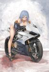  1girl bare_legs bare_shoulders bent_over bikini black_jacket blue_eyes blue_hair breasts cleavage commentary_request ducati emori_miku emori_miku_project full_body ground_vehicle hair_ornament highres jacket large_breasts long_hair long_legs long_sleeves looking_at_viewer motor_vehicle motorcycle nihoshi_(bipedal_s) off_shoulder sandals smile solo straddling string_bikini swimsuit thighs white_bikini 