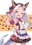  1girl :d animal_ears apron armpits bangs bare_shoulders black_skirt blush bowl brown_background candy chocolate chocolate_heart ears_through_headwear food granblue_fantasy hair_ornament head_scarf heart highres holding holding_bowl long_hair looking_at_viewer mixing_bowl open_mouth p_answer parted_bangs pleated_skirt puffy_short_sleeves puffy_sleeves purple_shirt purple_sleeves red_eyes scathacha_(granblue_fantasy) shirt short_sleeves side_cutout silver_hair skirt sleeveless sleeveless_shirt smile solo spatula two-tone_background white_apron white_background 