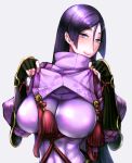  1girl arm_guards bangs black_gloves blush bodysuit breasts chichizuki_(manman-ya) closed_mouth clothes_lift covered_navel elbow_gloves fate/grand_order fate_(series) fingerless_gloves floral_print gloves high_collar large_breasts long_hair looking_at_viewer minamoto_no_raikou_(fate/grand_order) parted_bangs purple_bodysuit purple_eyes purple_hair ribbed_sleeves rope simple_background smile solo tabard tassel very_long_hair 