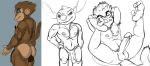  2013 5_fingers alien anthro anthrofied armpit_hair backsack balls body_hair brown_balls brown_nipples colored_sketch disney erection experiment_(lilo_and_stitch) eyebrows fangs fingers flaccid genitals hand_on_hip hands_behind_head head_tuft jerseydevil lilo_and_stitch looking_aside looking_at_viewer male male/male mammal muscular muscular_male nipples penis primate raised_eyebrow simple_background sketch smile smirk stitch_(lilo_and_stitch) tuft vein veiny_penis 