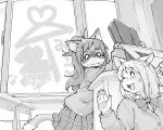  2013 5:4 anthro blush bottomwear clothed clothing digital_media_(artwork) domestic_cat duo felid feline felis fur greyscale hair kikurage laugh mammal monochrome open_mouth school_uniform skirt smile topwear uniform window young 