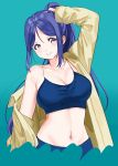  1girl aqua_background bad_id bad_twitter_id bare_shoulders blue_hair blue_sports_bra breasts cleavage hand_on_own_head highres large_breasts long_hair looking_at_viewer love_live! love_live!_sunshine!! matsuura_kanan midriff moshi_0208 navel off_shoulder open_clothes open_shirt ponytail purple_eyes shirt solo sports_bra upper_body yellow_shirt 