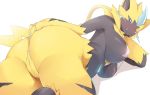  2020 anthro anus bikini bikini_thong blue_eyes blush breasts clothing faeki felid feline female fur legendary_pok&eacute;mon looking_back mammal nintendo pok&eacute;mon pok&eacute;mon_(species) pok&eacute;morph pussy_floss simple_background smile swimwear tongue tongue_out video_games white_background yellow_body yellow_fur zeraora 