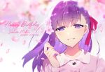 1girl artist_name bangs blush breasts character_name cherry_blossoms collared_shirt dated dress_shirt fate/stay_night fate_(series) flower hair_flower hair_ornament hair_ribbon happy_birthday highres large_breasts long_hair long_sleeves looking_at_viewer matou_sakura petals pink_shirt purple_eyes purple_hair red_ribbon redrop ribbon shirt smile solo white_shirt 