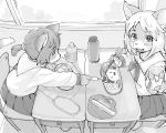  2015 5:4 anthro bento_box bottomwear clothed clothing digital_media_(artwork) duo felid feline food fur greyscale hair kikurage looking_at_viewer mammal monochrome school_uniform skirt smile topwear uniform 