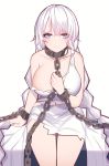  1girl avrora_(azur_lane) avrora_(shackled_saule)_(azur_lane) azur_lane bangs bare_shoulders blue_eyes blush breasts chain closed_mouth collarbone commentary cuffs dress dungeon eyebrows_visible_through_hair highres holding_chain large_breasts long_hair looking_at_viewer navel shackles silver_hair simple_background sitting siu_(siu0207) smile solo thighs torn_clothes torn_dress very_long_hair white_background white_dress 