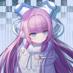  1girl ahoge animal_ears azur_lane bangs blue_eyes bright_pupils cat_ears closed_mouth coat expressionless eyebrows_visible_through_hair fake_animal_ears fur-trimmed_coat fur_trim hair_intakes hair_ribbon highres jiantai long_hair overcoat pom_pom_(clothes) purple_hair ribbon sidelocks solo tashkent_(azur_lane) upper_body white_coat white_pupils white_ribbon 