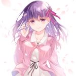 1girl bangs breasts canary999 collarbone commentary_request dress eyebrows_visible_through_hair fate/stay_night fate_(series) hair_ribbon large_breasts long_hair looking_at_viewer matou_sakura pink_cardigan purple_eyes purple_hair red_ribbon ribbon smile solo 