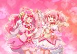  2girls :3 :d bow bow_(weapon) bubble_skirt choker color_connection crossover cure_grace earrings flower gloves hair_bun hair_color_connection hair_flower hair_ornament hair_ribbon hanadera_nodoka healin&#039;_good_precure heart heart_hair_ornament jewelry kaname_madoka kneehighs kyubey long_hair looking_at_viewer magical_girl mahou_shoujo_madoka_magica multiple_girls open_mouth pink_eyes pink_hair pink_neckwear power_connection precure puffy_sleeves ribbon seiyuu_connection short_twintails skirt smile sushineta trait_connection twintails weapon white_gloves white_legwear yuuki_aoi 