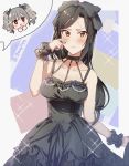  2girls bangs bare_shoulders black_bow black_dress black_hair black_nails blush bow breasts chibi cleavage closed_mouth collarbone dress drill_hair green_eyes hair_bow hand_up highres idolmaster idolmaster_cinderella_girls kanzaki_ranko large_breasts long_hair looking_at_viewer mukai_takumi multiple_girls open_mouth parted_bangs red_eyes shangziyxy silver_hair smile solo_focus sparkle speech_bubble sweatdrop twin_drills wrist_cuffs 