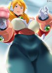  1girl alia_(rockman) android artificial_vagina bangs blonde_hair blue_eyes blush breasts cafekun gloves grey_pants high-waist_pants highres large_breasts looking_at_viewer medium_hair open_mouth pants robot_ears rockman rockman_x smile solo thick_thighs thighs underbust white_gloves 