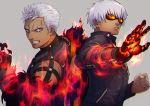  2boys dark_skin dark_skinned_male fire gloves k&#039; krizalid male_focus multiple_boys scar scar_across_eye sunglasses the_king_of_fighters upper_body white_hair xylitol_102 