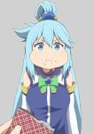  1girl aqua_(konosuba) bangs blue_eyes blue_hair blush bow breasts commentary_request crumbs detached_sleeves eating eyebrows_visible_through_hair food gem green_bow hair_ornament hair_rings holding kono_subarashii_sekai_ni_shukufuku_wo! long_hair looking_at_viewer open_mouth salpin simple_background solo_focus 