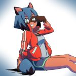  1:1 blue_hair blue_tail bottomwear brand_new_animal breasts canid canine clothed clothing dingdaydream dipstick_tail female hair looking_at_viewer mammal michiru_kagemori multicolored_tail raccoon_dog red_clothing shorts sitting solo studio_trigger teeth 