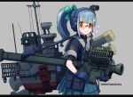  1girl :3 alternate_costume bangs black_border blue_gloves blue_skirt blunt_bangs border bow dated eyebrows_visible_through_hair gloves hair_bow headphones headset holding kantai_collection orange-tinted_eyewear pleated_skirt ponytail pouch rigging shikishima_fugen short_sleeves simple_background skirt smile solo sunglasses twitter_username undershirt weapon weapon_request yuubari_(kantai_collection) 