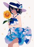 1girl achiki bangs bare_arms bare_shoulders black_hair blue_bow blue_eyes bow breasts cloud_print collarbone dress flower hat hat_bow holding holding_flower looking_at_viewer original petals print_dress short_hair simple_background sky_print sleeveless sleeveless_dress small_breasts smile solo standing sun_hat sunflower symbol_commentary wind 