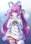  1girl absurdres animal_ears azur_lane blue_eyes blush coat dress eyebrows_visible_through_hair fur_trim gradient gradient_background hair_ornament hair_ribbon heart highres juiceneko long_hair long_sleeves looking_at_viewer one_eye_closed open_mouth purple_hair ribbon sleeves_past_wrists solo sweater tashkent_(azur_lane) thighhighs very_long_hair white_coat white_legwear winter_clothes 