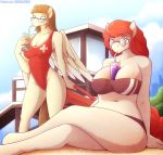  anthro beach between_breasts beverage bikini breasts clothing crossed_legs duo equid equine eyewear female friendship_is_magic glasses hi_res horse lifeguard mammal marik_azemus34 my_little_pony one-piece_swimsuit pony pterippus seaside slightly_chubby swimwear twist_(mlp) wings zippoorwhill_(mlp) 